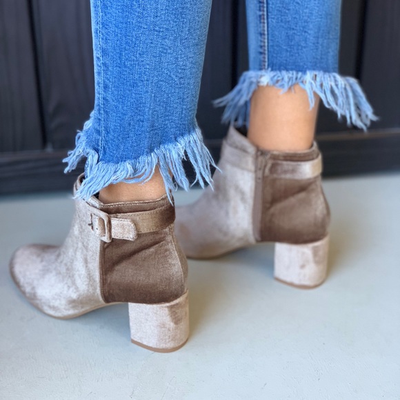 Champagne Crushed Velvet Buckled Ankle Bootie - Picture 4 of 5